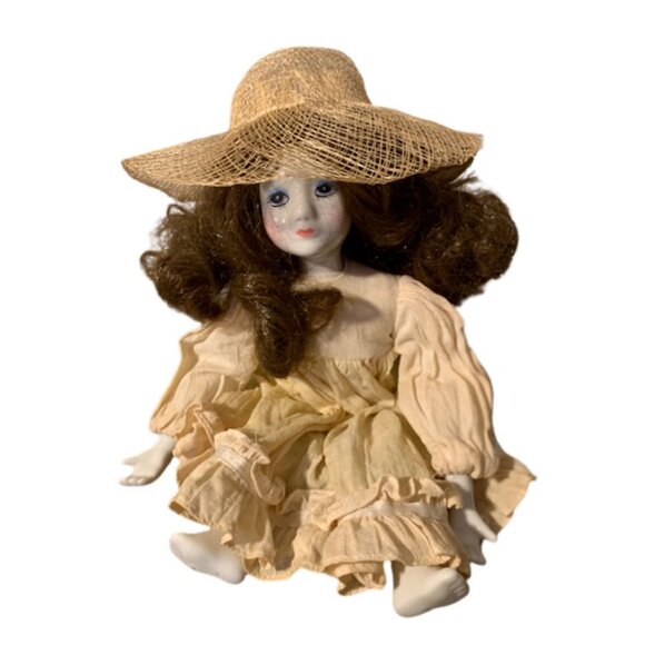 Vintage Doll Porcelainn Bisque Face Movable Feeet Arms Linen Dress Hat 12" - Picture 11 of 12